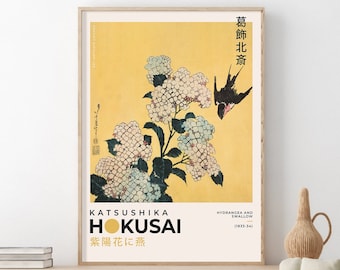 Hokusai Hydrangea Swallow Print, Vintage Japanese Wall Art (Digital Download)
