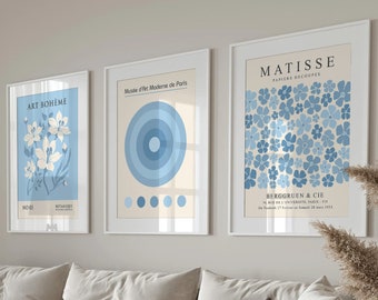 Blue Bauhaus Print Set, Flower Gallery Wall Art (Digital Download)