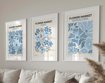 Blue Flower Market Print Set, Paris, London, Barcelona (Digital Download)