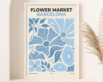 Barcelona Flower Market Print, Blue Floral Botanical Art (Digital Download)