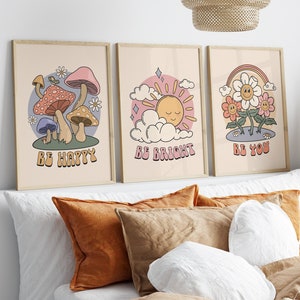 Retro Quote Wall Print, Set of 3 Prints, Funky Retro Mushroom Digital Download Print, Flower Poster, 70&#39;s Digital Art Retro Wall Print