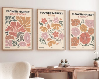 Flower Market Set of 3 Prints, Botanical Print Set, Minimalist Flower Prints, Flower Poster, Digital Art Print, Gallery Wall Set, Home Decor