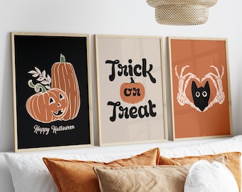 Vintage Halloween Print Set, Pumpkin, Cat Art (Digital Download)