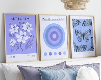 Purple Flower Market Print Set, Bauhaus Butterfly Art (Digital Download)