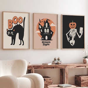 Halloween Printable Wall Art, Set of 3 Prints, Halloween Decor, Spooky Poster, Halloween Vintage Poster, Cat Halloween Art, Digital Download
