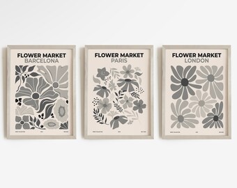 Black and White Flower Market Print Set, Botanical Art (Digital Download)