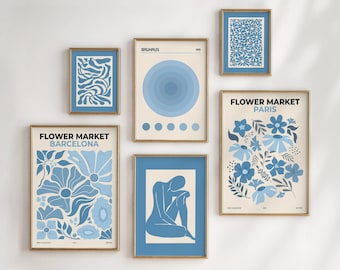 Blue Flower Market Art Print Set, Modern Gallery Wall (Digital Download)