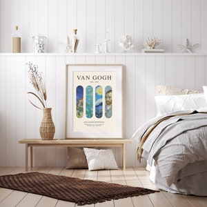 May include: A framed poster with a minimalist design featuring four iconic paintings by Vincent van Gogh. The poster has a white background with the title "Van Gogh" and the years "1853 - 1890" printed in black. The four paintings are arranged vertically in a row, each enclosed in a rounded rectangle. The paintings include "The Starry Night", "Almond Blossom", "The Church at Auvers", and a self-portrait of Van Gogh. The poster also includes the text "Van Gogh Paintings" and the names of the paintings.