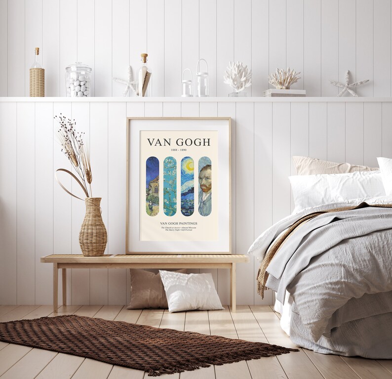May include: A framed poster with a minimalist design featuring four iconic paintings by Vincent van Gogh. The poster has a white background with the title "Van Gogh" and the years "1853 - 1890" printed in black. The four paintings are arranged vertically in a row, each enclosed in a rounded rectangle. The paintings include "The Starry Night", "Almond Blossom", "The Church at Auvers", and a self-portrait of Van Gogh. The poster also includes the text "Van Gogh Paintings" and the names of the paintings.