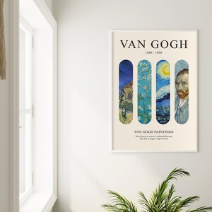 May include: A white poster with a black border featuring four vertical panels of famous Van Gogh paintings. The panels are titled "The Church at Auvers", "Almond Blossom", "The Starry Night", and "Self-Portrait". The poster also includes the text "Van Gogh 1888 - 1890" and "Van Gogh Paintings".
