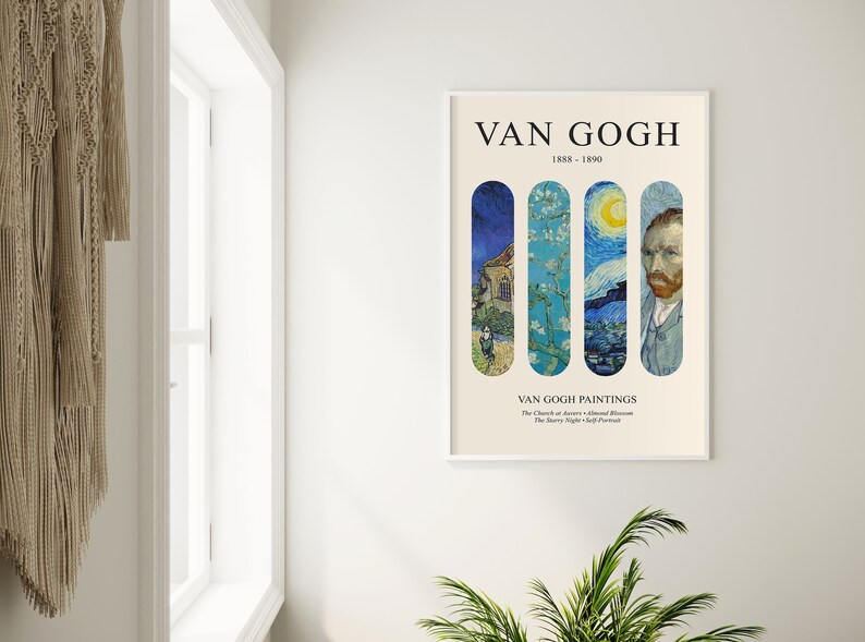 May include: A white poster with a black border featuring four vertical panels of famous Van Gogh paintings. The panels are titled "The Church at Auvers", "Almond Blossom", "The Starry Night", and "Self-Portrait". The poster also includes the text "Van Gogh 1888 - 1890" and "Van Gogh Paintings".