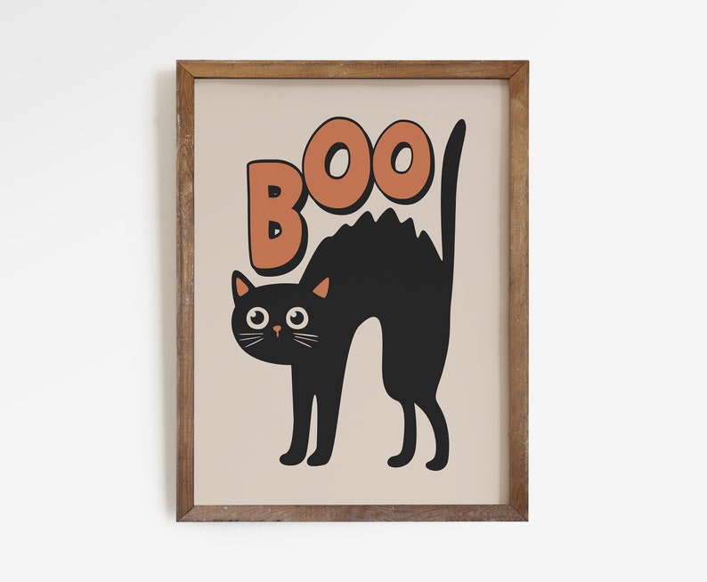 May include: A black cat with orange eyes is silhouetted against a beige background. The word "BOO" is written in orange letters above the cat.
