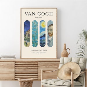 May include: A vintage-style poster featuring four paintings by Vincent van Gogh. The poster is cream-colored with black text that reads "Van Gogh 1888-1890" and "Van Gogh Paintings". The paintings are "The Church at Auvers", "Almond Blossom", "The Starry Night", and "Self-Portrait".