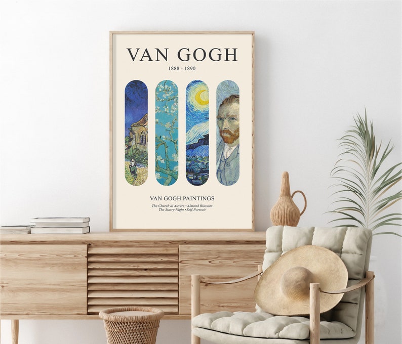 May include: A vintage-style poster featuring four paintings by Vincent van Gogh. The poster is cream-colored with black text that reads "Van Gogh 1888-1890" and "Van Gogh Paintings". The paintings are "The Church at Auvers", "Almond Blossom", "The Starry Night", and "Self-Portrait".