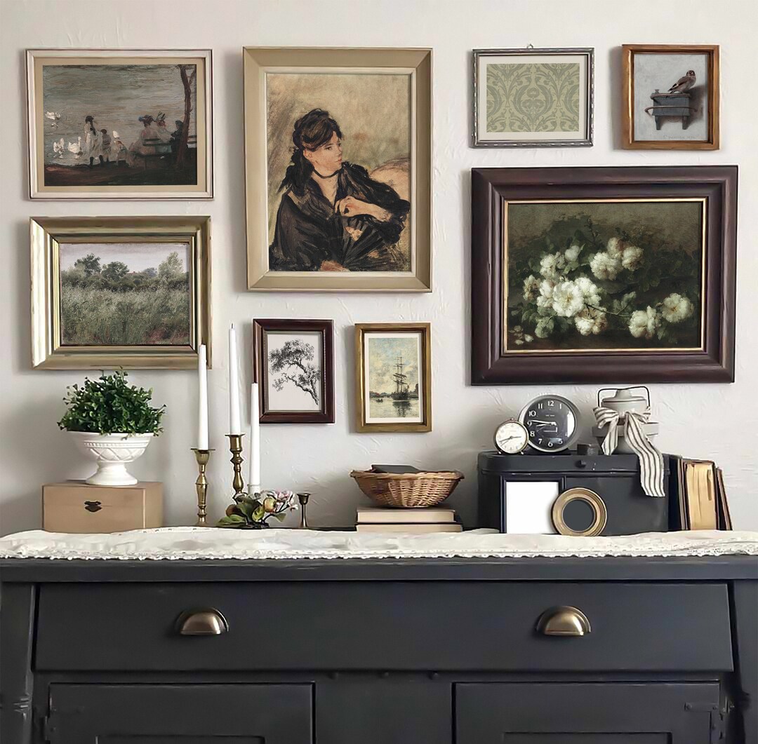 Vintage Eclectic Wall Art Set of 8, Antique Wall Decor, Vintage Art