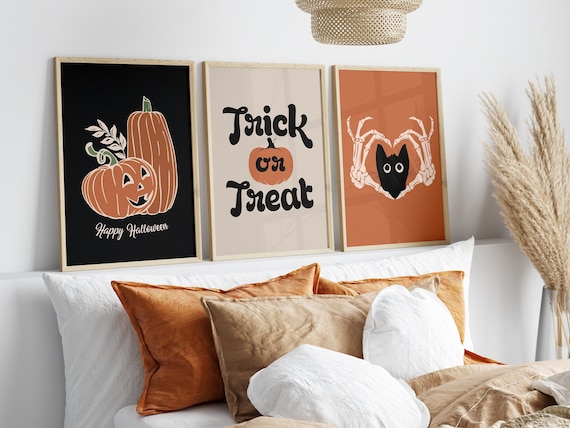 Vintage Halloween Print Set, Pumpkin, Cat Art (Digital Download)