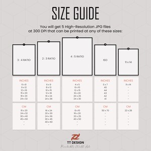 May include: A size guide for printable wall art, showing different aspect ratios and sizes in inches and centimeters. The guide includes standard sizes like 8x10, 12x16, and 16x20, as well as ISO paper sizes like A5, A3, and A2.