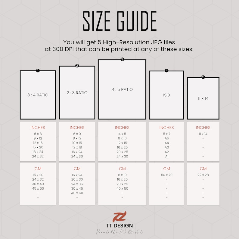 May include: A size guide for printable wall art, showing different aspect ratios and sizes in inches and centimeters. The guide includes standard sizes like 8x10, 12x16, and 16x20, as well as ISO paper sizes like A5, A3, and A2.