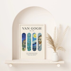 May include: A white framed poster with the title "Van Gogh" and the years "1888 - 1890". The poster features three vertical panels with cropped images of famous Van Gogh paintings: "The Church at Auvers", "Almond Blossom", and "The Starry Night" with a self-portrait of the artist.