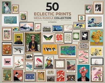 50 Piece Eclectic Gallery Wall Art Prints, Vintage Poster Set (Digital Download)