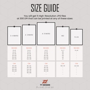 May include: A size guide for printable wall art, showing different aspect ratios and sizes in inches and centimeters. The guide includes standard sizes like 8x10, 12x16, and 16x20, as well as ISO paper sizes like A5, A3, and A2.