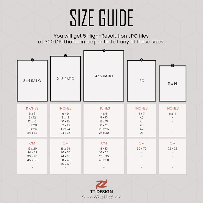 May include: A size guide for printable wall art, showing different aspect ratios and sizes in inches and centimeters. The guide includes standard sizes like 8x10, 12x16, and 16x20, as well as ISO paper sizes like A5, A3, and A2.