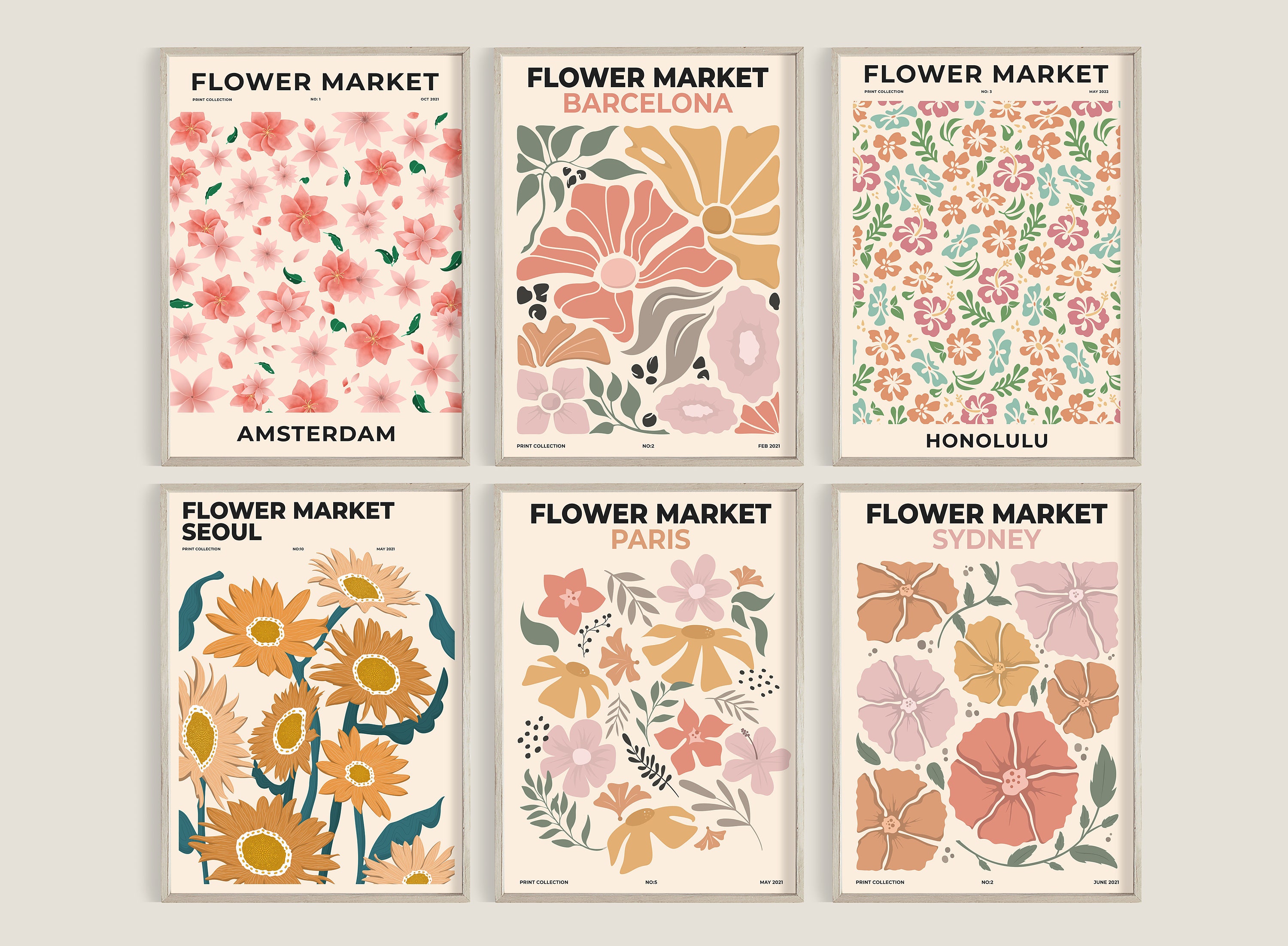 Flower Market Print, Set of 6 Prints, Gallery Wall Set, Botanical Print ...
