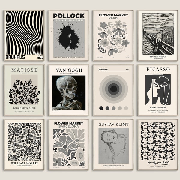 Schwarz-Weiß-Ausstellungsset mit 12 Drucken, Museumsposter-Set, druckbares Wandset, Schwarz-Weiß-Poster, Galerie-Wandset, Wandkunstdruck