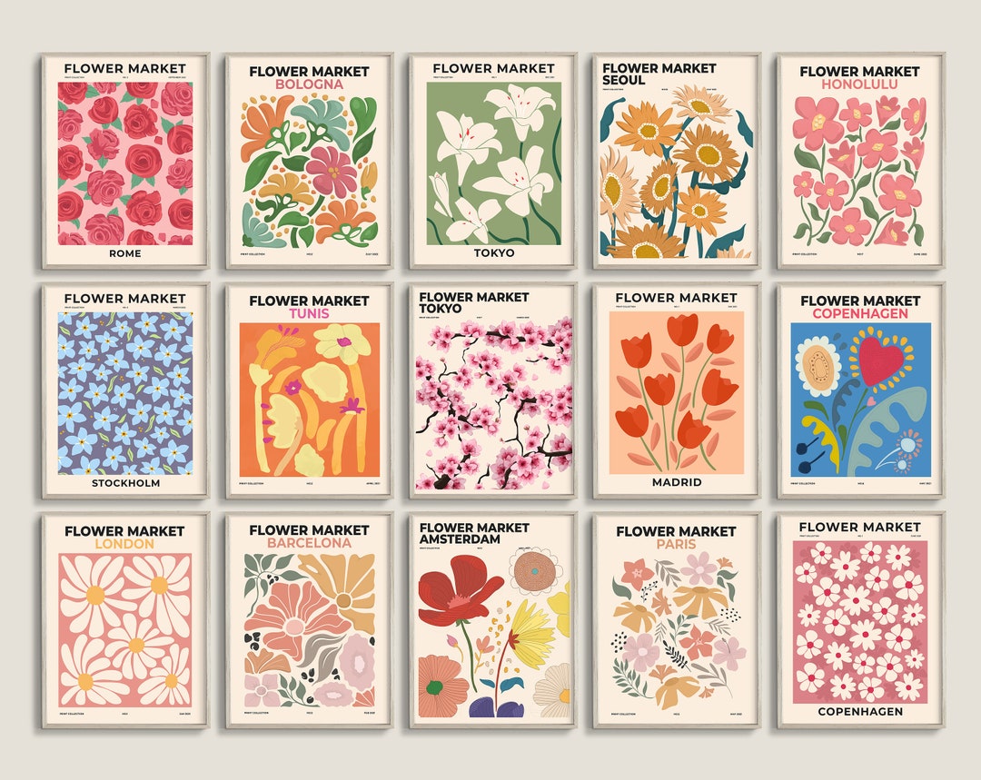 Flower Market Set of 15 Prints, Gallery Wall Set, Botanical Prints ...