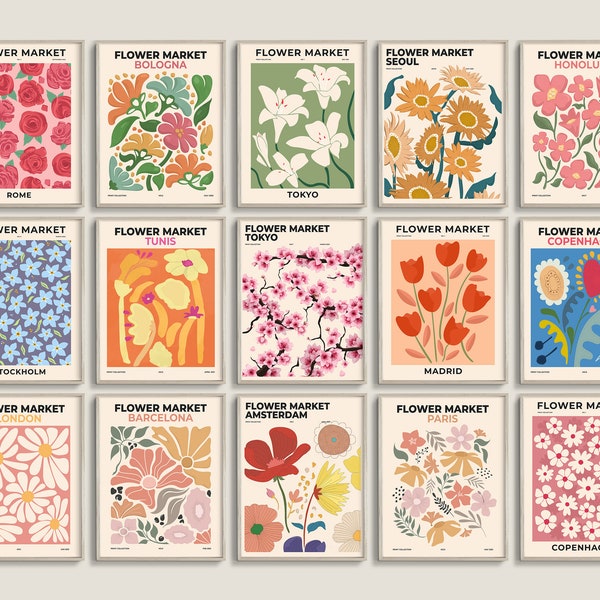 Flower Market Set of 15 Prints, Gallery Wall Set, Botanical Prints, Flower Prints, Flower Drawing, Matisse Flower Print, Digital Art Print