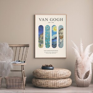 May include: A poster featuring four paintings by Vincent van Gogh. The paintings are "The Church at Auvers", "Almond Blossom", "The Starry Night", and a self-portrait. The poster has a white background with black text that reads "Van Gogh 1888-1890" and "Van Gogh Paintings".