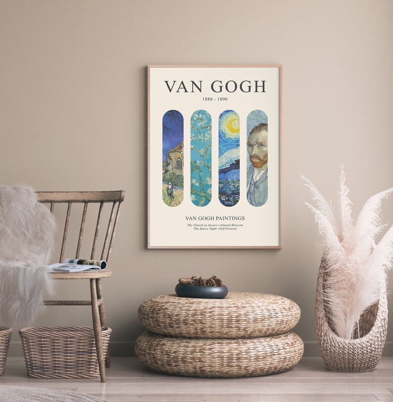 May include: A poster featuring four paintings by Vincent van Gogh. The paintings are "The Church at Auvers", "Almond Blossom", "The Starry Night", and a self-portrait. The poster has a white background with black text that reads "Van Gogh 1888-1890" and "Van Gogh Paintings".