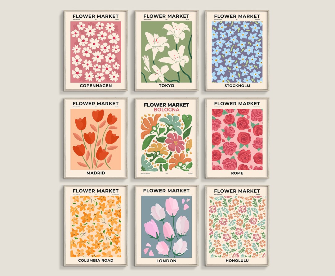Flower Market Set of 9 Prints, Flower Market Wall Bundle, Printable ...