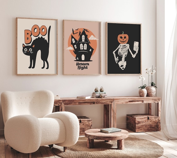 Halloween Printable Wall Art, Set of 3 Prints, Halloween Decor, Spooky Poster, Halloween Vintage Poster, Cat Halloween Art, Digital Download