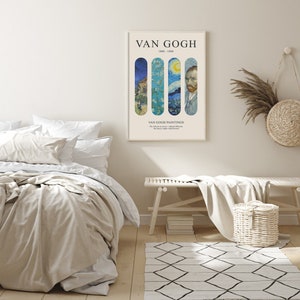 May include: A framed poster with a white background and black text that reads "VAN GOGH 1853 - 1890". The poster features four vertical panels with images of famous Van Gogh paintings. The panels are shaped like skateboards. The text "VAN GOGH PAINTINGS" is below the images.
