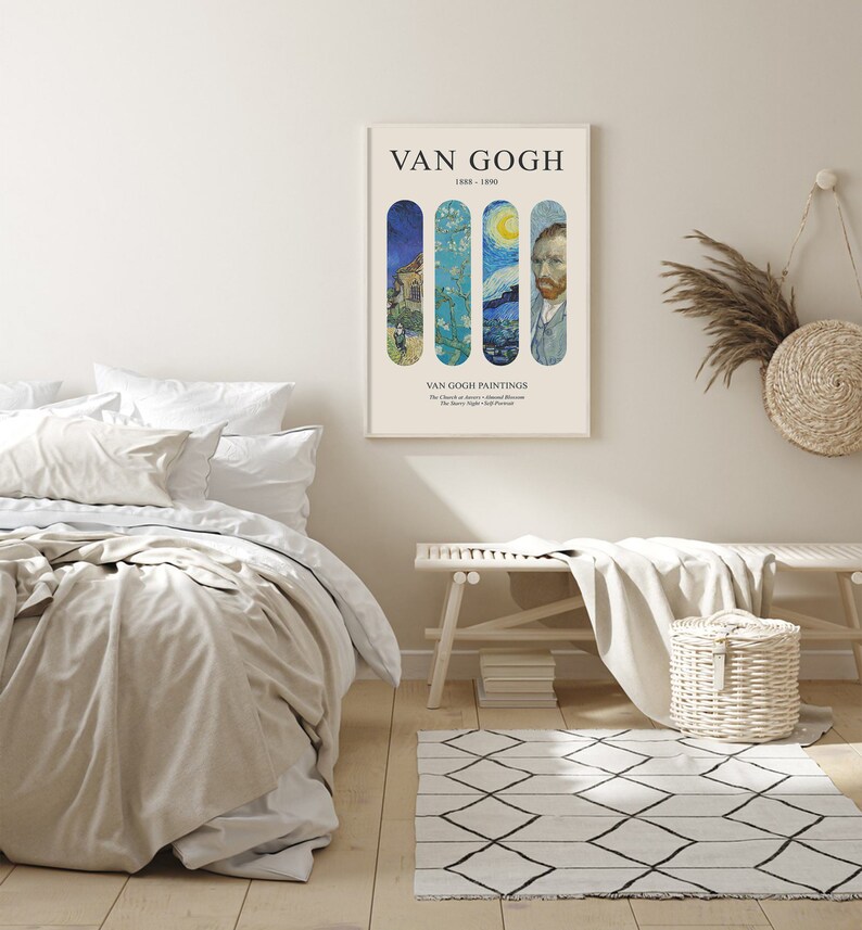 May include: A framed poster with a white background and black text that reads "VAN GOGH 1853 - 1890". The poster features four vertical panels with images of famous Van Gogh paintings. The panels are shaped like skateboards. The text "VAN GOGH PAINTINGS" is below the images.