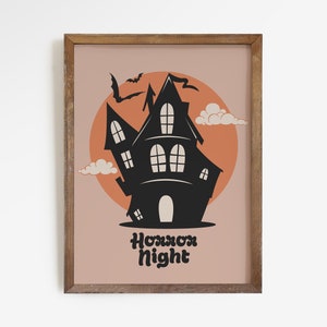 May include: A printable Halloween poster with a black silhouette of a haunted house in front of an orange moon with bats flying around it. The text "Horror Night" is written in a retro font below the house.