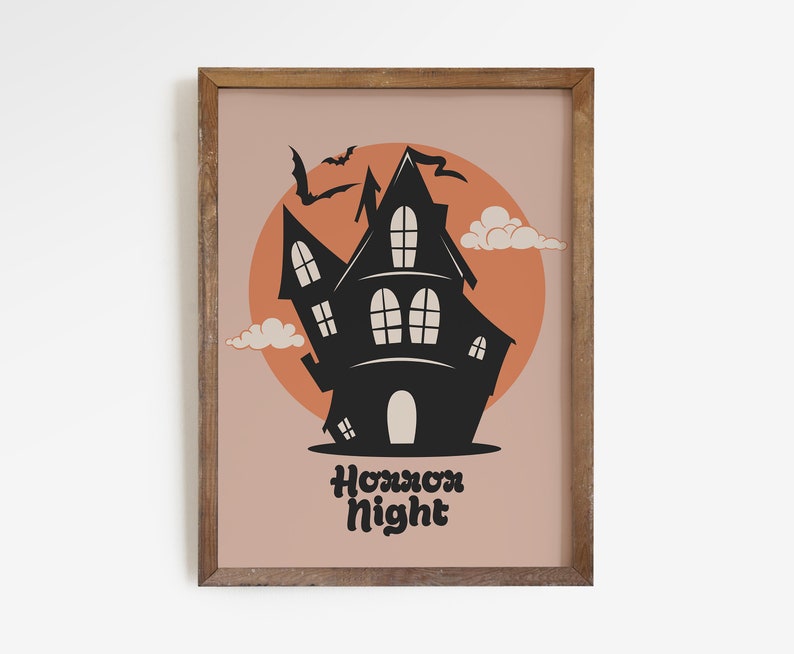 May include: A printable Halloween poster with a black silhouette of a haunted house in front of an orange moon with bats flying around it. The text "Horror Night" is written in a retro font below the house.