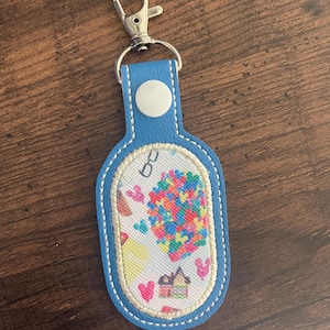 May include: Blue keychain with a silver clasp and a white button. The keychain features a colorful design of a house, balloons, and the letter "D". The keychain is made of a blue leather-like material.