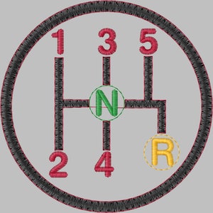 Puede incluir: Un patrón de cambio de marchas circular en blanco y negro con los números rojos 1, 2, 3, 4 y 5, una 'N' verde para punto muerto y una 'R' amarilla para marcha atrás.