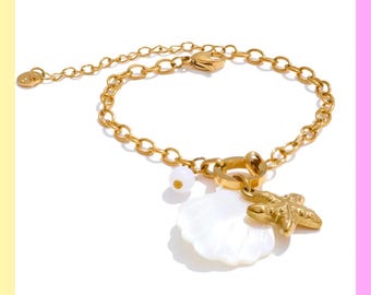 Bracelet à breloques océan, bracelet étoile de mer coquillages, bijoux de plage d'été imperméables, cadeau de base sirène