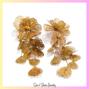 Druppeloorbellen met grote bloem, overdreven statement bungelsieraden, roestvrijstalen hypoallergene feestoorbellen, gedurfd modeaccessoire