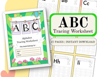 Folha de exercícios de traçado ABC para impressão | Rastreamento de letras do alfabeto para crianças | Prática de caligrafia para pré-escola e jardim de infância | Download digital em PDF