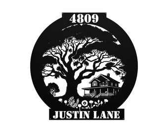 CUSTOM PERSONALIZED metal address sign with tree house and flowers.  Free Shipping!