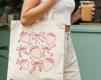 Strawberry Tote Bag: Coquette Cotton Book Bag