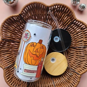 Halloween Town Themed Glass Cup: Spooky Season, Iced Coffee Cup, Pumpkin Head, Witches