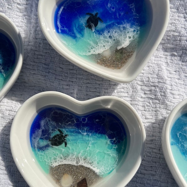Small heart shaped ceramic ring dish . Ocean wave design with sand and sea glass, porcelain jewelry dish
