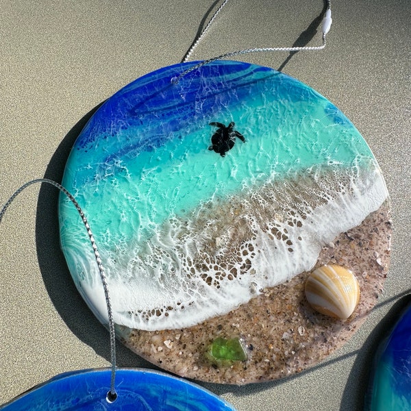 Sea Turtle Christmas Ornaments. Beach wave ornaments. Ocean waves, beach shoreline. Round tree ornaments with real Florida sand & shells