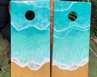 Custom, made to order, cornhole sets! Ocean waves,shoreline, crashing waves design. Wood cornhole board set.