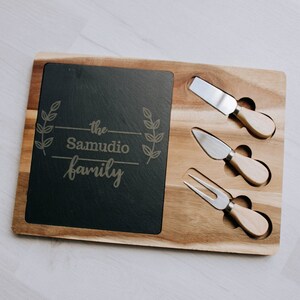 Personalized Wood & Slate Cheese Board with Appetizer Knife Tools, Cheese Platter, Family Gifts, Wedding Gifts for Bride and Groom